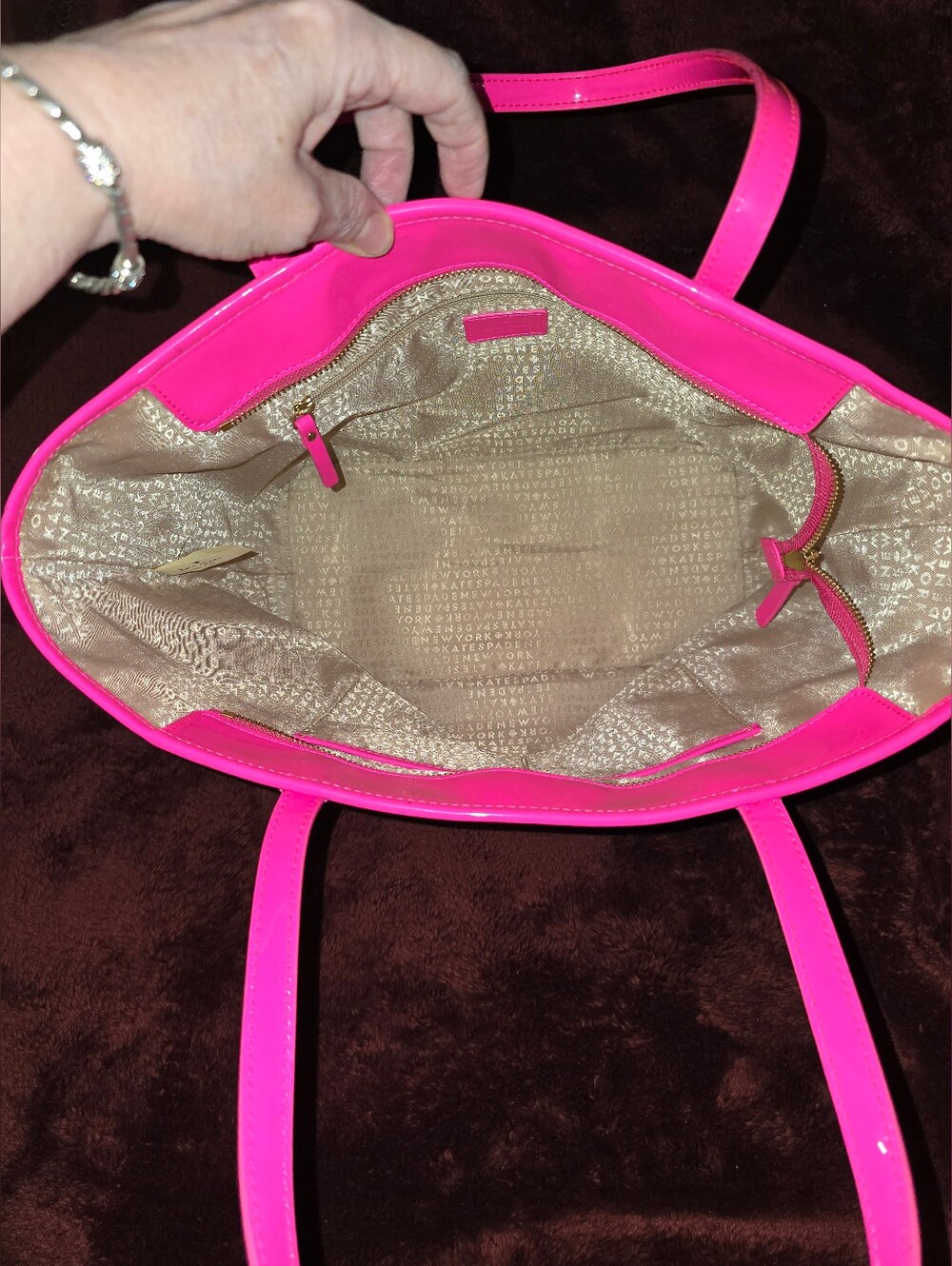 kate spade new york Molly Bikini Dot Large Tote in a vibrant neon pink patent - Picture 7 of 13